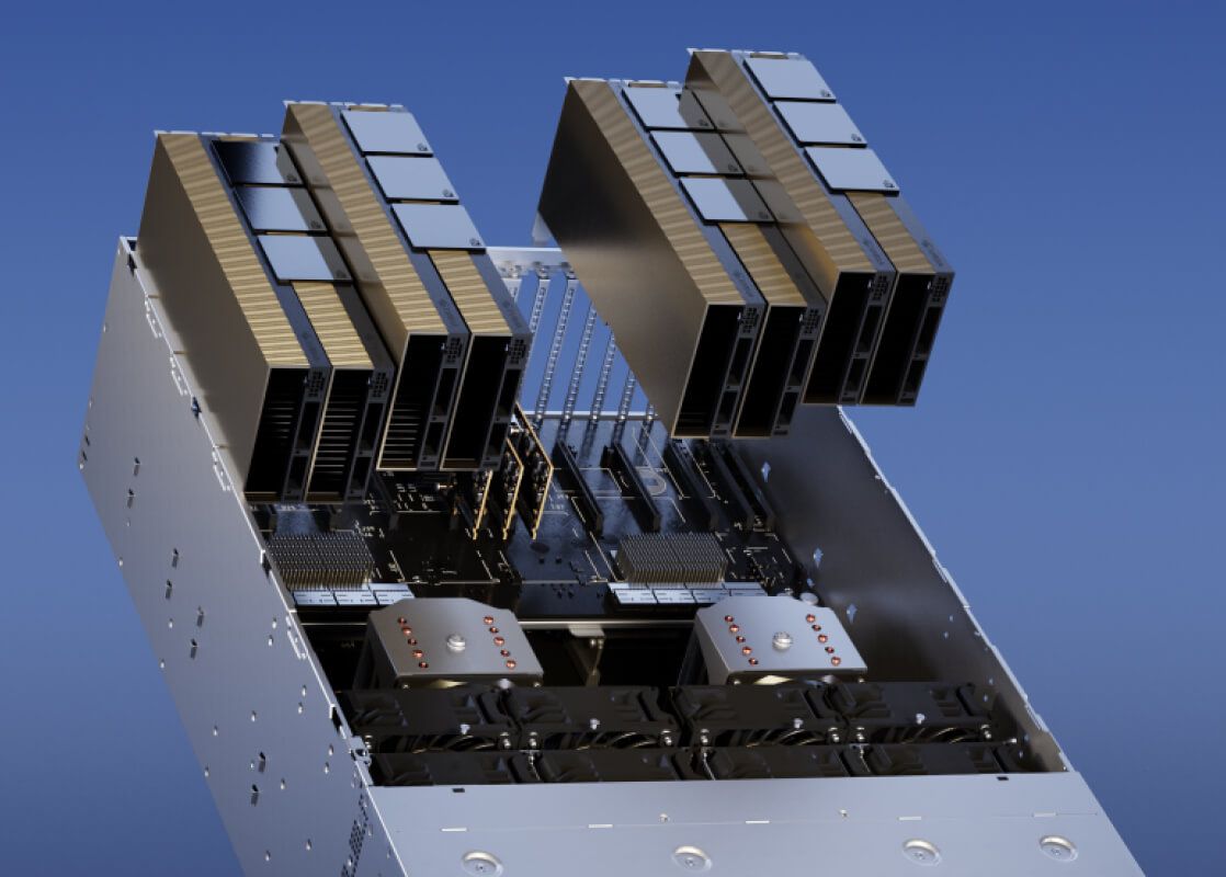 Server case with 4 GPUs floating around, representing custom-built configurations